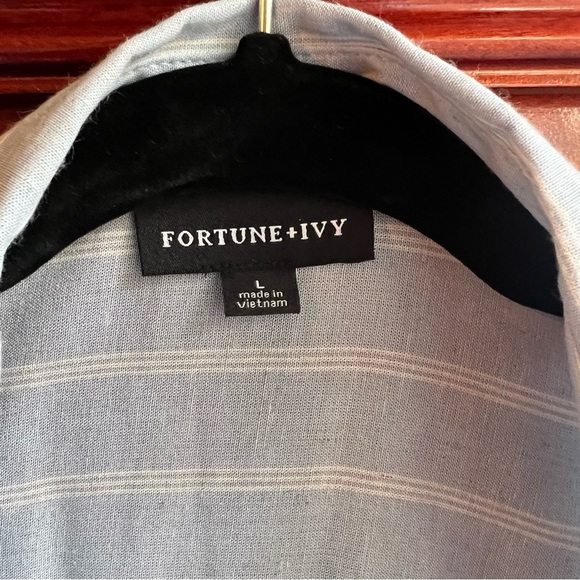 Blue and white striped Fortune & Ivy button up, size large. - Picture 7 of 10